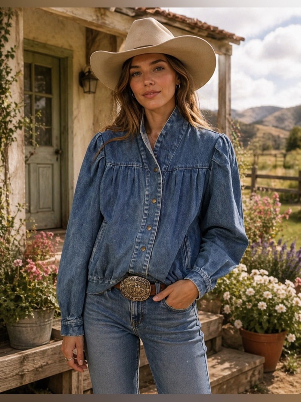 VTG brand tag missing Denim Women's Pleated Snap Front Jacket Western Cottage - Picture 1 of 8